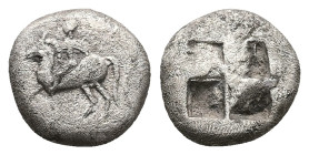 Thraco-Macedonian tribes, Bisaltai. AR Tetrobol, 2.60 g 12.29 mm.Circa 475-465 BC. 
Obv: Horseman left 
Rev: Quadripartite incuse square. 
Ref: Peykov...