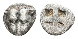 Cimmerian Bosporos, Pantikapaion. AR Obol, 0.52 g 8.42 mm. Circa 480-470 BC.
Obv: Facing head of lion.
Rev: Quadripartite incuse square.
Ref: MacDonal...
