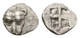 Cimmerian Bosporos, Pantikapaion. AR Obol, 0.66 g 9.91 mm. Circa 480-470 BC.
Obv: Facing head of lion.
Rev: Quadripartite incuse square.
Ref: MacDonal...