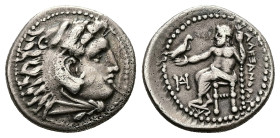 Kings of Macedon, Alexander III 'the Great', AR Drachm, 4.08 g 18.51 mm. 336-323 BC. Miletos.
Obv: Head of Herakles right, wearing lion skin.
Rev: AΛE...