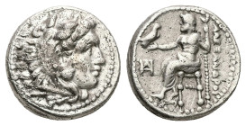 Kings of Macedon, Alexander III 'the Great', AR Drachm, 4.19 g 15.66 mm. 336-323 BC. Miletos.
Obv: Head of Herakles right, wearing lion skin.
Rev: AΛE...