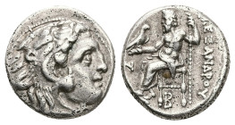 Kings of Macedon, Alexander III 'the Great', AR Drachm, 4.31 g 16.54 mm. 336-323 BC. Kolophon.
Obv: Head of Herakles right, wearing lion skin.
Rev: AΛ...