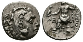 Kings of Macedon, Alexander III 'the Great', AR Drachm, 4.16 g 18.55 mm. 336-323 BC. Kolophon.
Obv: Head of Herakles right, wearing lion skin.
Rev: AΛ...