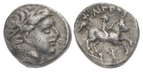 Kings of Macedon, Philip II, 1/5 AR Tetradrachm, 2.54 g 12.97 mm. 359-336 BC. Amphipolis.
Obv: Head of Apollo right, wearing tainia.
Rev: ΦΙΛΙΠΠΟΥ. Yo...