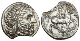 Kings of Macedon, Philip II. AR Tetradrachm, 13.57 g 26.70 mm. Amphipolis mint. 359-336 BC. Struck 315-294 BC.
Obv: Laureate head of Zeus right
Rev: Φ...