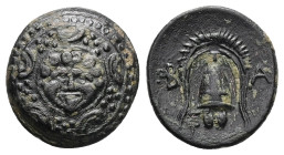 Kings of Macedon, Philip III Arrhidaios, Ae, 3.34 g 17.50 mm. 323-317 BC. Salamis.
Obv: Macedonian shield, with facing gorgoneion on boss.
Rev: B - A....