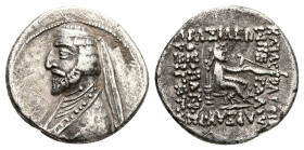 Kings of Parthia, Arsakes XVI. 78/7-62/1. AR Drachm, 4.00 g 19.67 mm.
Obv: Diademed bust left. Dotted border.
Rev.: ΒΑΣΙΛΕΩΣ ΜΕΓΑΛΟΥ ΑΡΣΑΚΟΥ ΘΕΟΠΑΤΡΟΣ...
