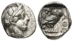 Attica, Athens. AR Tetradrachm, 16.76 g 24.95 mm. Circa 454-404 BC.
Obv: Helmeted head of Athena right, with frontal eye.
Rev: AΘE, Owl standing right...