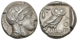 Attica, Athens. AR Tetradrachm, 16.93 g 23.72 mm. Circa 454-404 BC.
Obv: Helmeted head of Athena right, with frontal eye.
Rev: AΘE, Owl standing right...