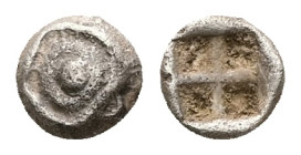 Asia Minor, Uncertain mint(probably Caria). AR Hemiobol, 0.28 g 5.89 mm. 6th century BC. 
Obv: Spiral pattern.(human eye).
Rev: Quadripartite incuse s...