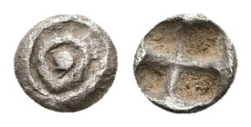 Asia Minor, Uncertain mint(probably Caria). AR Hemiobol, 0.18 g 5.68 mm. 6th century BC. 
Obv: Spiral pattern.(human eye).
Rev: Quadripartite incuse s...