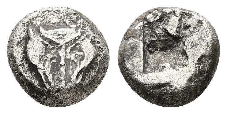 Asia Minor. Uncertain (Lesbos?). BI Diobol, 2.10 g 10.77 mm. 500-400 BC.
Obv: Fa...