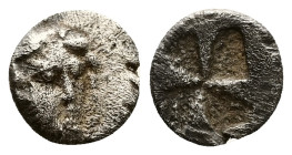 Asia Minor, Uncertain. AR Tetartemorion, 0.19 g 5.66 mm. 5th century BC. 
Obv: Head facing slightly right.
Rev: Quadripartite incuse square 
Ref.: Unp...