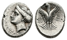 Paphlagonia, Sinope. AR Hemidrachm, 2.89 g 15.18 mm. 4th-3rd century BC.
Obv: Head of nymph left, with hair in sakkos.
Rev: ΣΙ - ΝΩ. Eagle facing, hea...