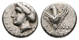 Paphlagonia, Sinope. AR Hemidrachm, 3.00 g 14.00 mm. 4th-3rd century BC.
Obv: Female head wearing turreted crown left.
Rev: ΣΙ - ΝΩ. Eagle facing, hea...