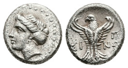 Paphlagonia, Sinope. AR Hemidrachm, 3.01 g 14.28 mm. 4th-3rd century BC.
Obv: Head of nymph left, with hair in sakkos.
Rev: ΣΙ - ΝΩ. Eagle facing, hea...