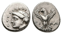 Paphlagonia, Sinope. AR Hemidrachm, 3.04 g 14.53 mm. 4th-3rd century BC.
Obv: Female head wearing turreted crown left.
Rev: ΣΙ - ΝΩ. Eagle facing, hea...
