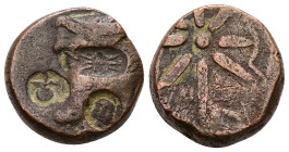 Pontos, Uncertain mint. Ae, 18.52 g 23.12 mm. Time of Mithradates VI. Circa 130-100 BC. 
Obv: Male head left; three countermarks.
Rev.: Star; to right...