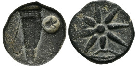Pontos, Uncertain. Ae, 10.64 g 19.05 mm. Time of Mithradates VI, Circa 130-100 BC.
Obv: Quiver; to right, countermark: helmet in round incuse.
Rev: Ei...