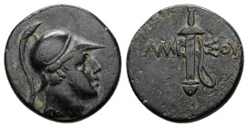 Pontos, Amisos, Ae, 7.35 g 21.86 mm. Circa 111-105 or 95-90 BC
Obv: Helmeted head of Ares right.
Rev: AMI - ΣOV. Sword in sheath.
Ref: SNG BM Black Se...