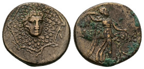 Pontos, Amisos. Ae, 8.22 g 21.79 mm. Circa 85-65 BC. Time of Mithradates VI Eupator.
Obv: Aegis facing.
Rev: AMIΣOY. Nike advancing right with shoulde...