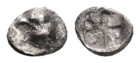 Troas, Abydos, AR Tetartemorion, 0.24 g 6.91 mm. Circa 4th Century BC. 
Obv: Head of Eagle left.
Rev: Quadripartite incuse square.
Ref: SNG von Aulock...