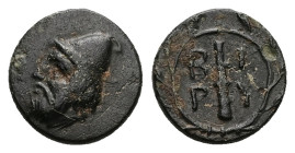 Troas, Birytis. AE, 1.35 g 11.63 mm. Circa 350-300 BC.
Obv: Bearded head of Kabeiros left, wearing pilos.
Rev: B-I / P-Y, Club within wreath.
Ref: Kle...