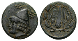 Troas, Birytis. AE, 5.79 g 19.19 mm. 4th-3rd centuries BC.
Obv: Head of Kabeiros left, wearing pilos; star to left and right.
Rev: B I / P Y , in two ...