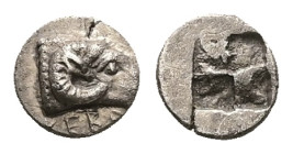 Troas, Kebren. AR Hemiobol, 0.31 g 6.66 mm. Circa 5th century BC.
Obv: KEBP, Ram's head to right;
Rev: Quadripartite incuse square.
Ref:SNG Copenhagen...