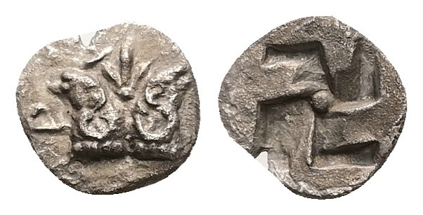 Troas, Kebren. AR Hemiobol, 0.44 g 8.86 mm. Circa 420-412 BC.
Obv: Confronted he...