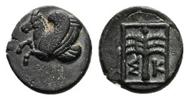 Troas, Skepsis. Ae, 1.25 g 10.97 mm. 4th century BC.
Obv: Rhyton with forepart of Pegasos left.
Rev: Σ - Κ. Fir tree within linear square border.
Ref:...