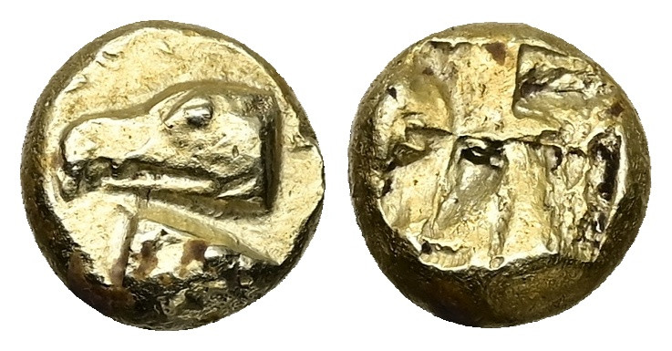 Mysia, Kyzikos EL Hemihekte, 1.36 g 7.87 mm. Circa 530-500 BC.
Obv: Head of eagl...