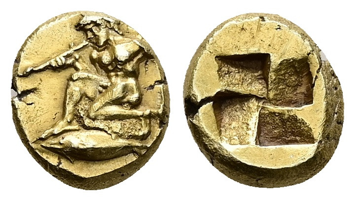 Mysia, Kyzikos. Circa 500-450 BC. EL Hekte, 2.65 g 11.64 mm
Obv: Nude warrior in...