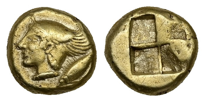 Mysia, Kyzikos EL Hekte, 2.68 g 9.79 mm. Circa 500 BC.
Obv: Winged head of Amazo...