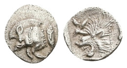 Mysia, Kyzikos. AR Hemiobol, 0.38 g 8.57 mm. Circa 450-400 BC.
Obv: Forepart of boar left; to right, tunny upward.
Rev: Head of roaring lion left; sta...