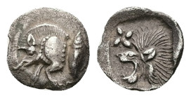 Mysia, Kyzikos. AR Hemiobol, 0.39 g 9.44 mm. Circa 450-400 BC.
Obv: Forepart of boar left; to right, tunny upward.
Rev: Head of roaring lion left; sta...