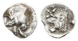 Mysia, Kyzikos. AR Hemiobol, 0.40 g 9.76 mm. Circa 450-400 BC.
Obv: Forepart of boar left; to right, tunny upward.
Rev: Head of roaring lion left; sta...
