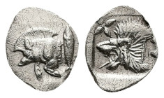 Mysia, Kyzikos. AR Hemiobol, 0.42 g 10.87 mm. Circa 450-400 BC.
Obv: Forepart of boar left; to right, tunny upward.
Rev: Head of roaring lion left; st...