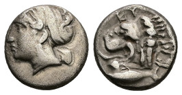 Mysia. Kyzikos. AR Drachm, 3.24 g 14.09 mm. Circa 390-340 BC.
Obv: [ΣΩTEIPA], head of Kore Soteira left, with hair in sphendone
Rev: KYZI, head of lio...