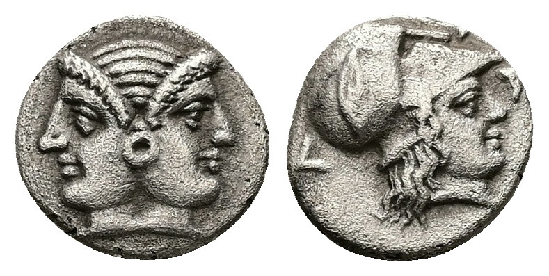 Mysia, Lampsakos. AR Diobol, 1.27 g 11.81 mm. 4th-3rd centuries BC.
Obv: Janifor...