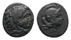 Mysia, Pergamon, Ae, 1.16 g 10.34 mm. Circa 310-282 BC.
Obv:Head of Herakles right, wearing lion skin 
Rev: ΠΕΡ, Helmeted head of Athena right.
Ref: S...