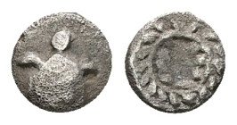 Lesbos, Methymna. AR Tritartemorion or Hemiobol(?),0.33 g 6.50 mm. Circa 450-400 BC.
Obv: Turtle
Rev: Wreath within incuse circle.
Ref: Franke, Mün...