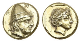 Lesbos, Mytilene. EL Hekte, 2.57 g 10.89 mm. Circa 377-326 BC.
Obv: Head of Kabeiros right, wearing conical pilos; star to left and right.
Rev: Head o...