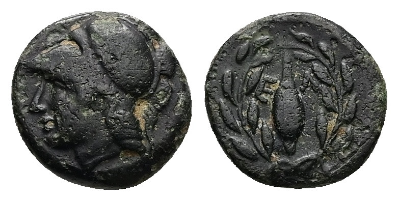 Aeolis, Elaia. Ae, 1.23 g 10.91 mm. Circa Mid 4th-3rd century BC.
Obv: Helmeted ...