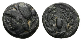 Aeolis, Elaia. Ae, 1.23 g 10.91 mm. Circa Mid 4th-3rd century BC.
Obv: Helmeted head of Athena left.
Rev: Ε - Λ. Grain ear within olive wreath.
Ref: S...