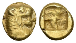 Ionia, Uncertain. EL Hemihekte, 1.28 g 9.14 mm. Circa 600-550 BC.
Obv: Head of lion right, with protruding tongue
Rev: Incuse square struck on a fla...