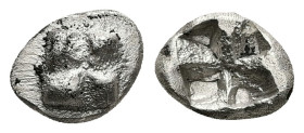Ionia, Uncertain. AR Diobol, 1.13 g 10.48 mm. Late 6th-early 5th century BC.
Obv: Clockwise swastika pattern.
Rev: Incuse square.
Ref:Unpublished stan...