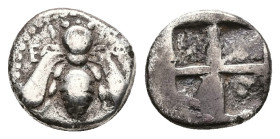 Ionia, Ephesos. AR Hemidrachm, 1.74 g 11.64 mm. Circa 340-330 BC.
Obv: E - Φ.Bee.
Rev: Quadripartite incuse square.
Ref: SNG Kayhan 246; SNG München 2...
