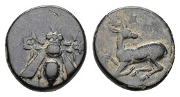 Ionia, Ephesos, Ae, 2.02 g 12.68 mm. Circa 300-250 BC.
Obv: Ε-Φ, bee with straight wings
Rev: Stag kneeling left, head turned right.
Ref: BMC 55, 67; ...
