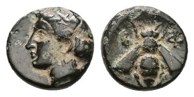 Ionia, Ephesos. Ae, 1.30 g 10.58 mm. Circa 375-325 BC.
Obv: Female head left, wearing mural-crown.
Rev: E – Φ, Bee.
Ref: SNG von Aulock 1839; SNG Cope...